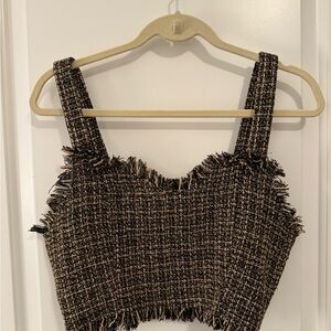 Maeve Tweed Fringed Crop Top - Black and Brown